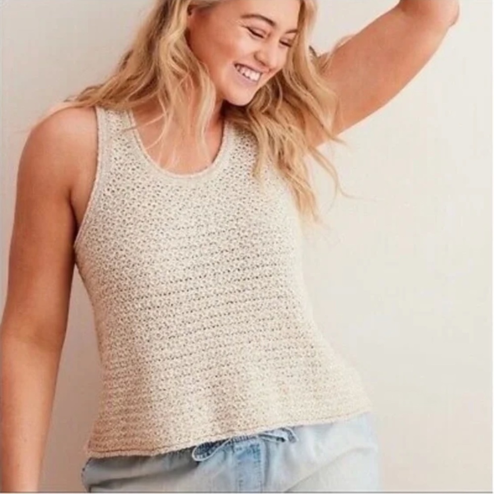 Aerie Cropped Crochet Knit Tank Top Tan Beige